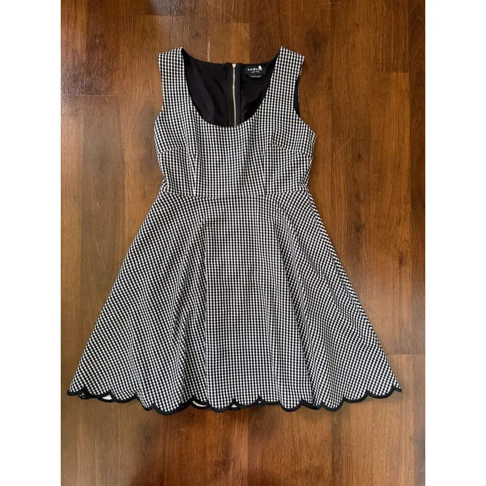 Kate Spade Jazzy Gingham Scalloped Ponte Dress Black White Sz M Picnic